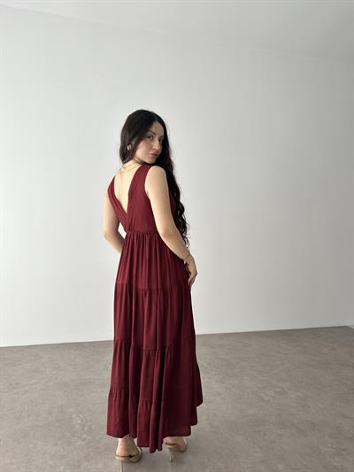 Premium Kruvaze Yaka Bordo Uzun Elbise