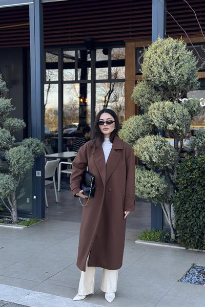 Premium Kruvaze Yaka Düz Kesim Kaban Kahve 