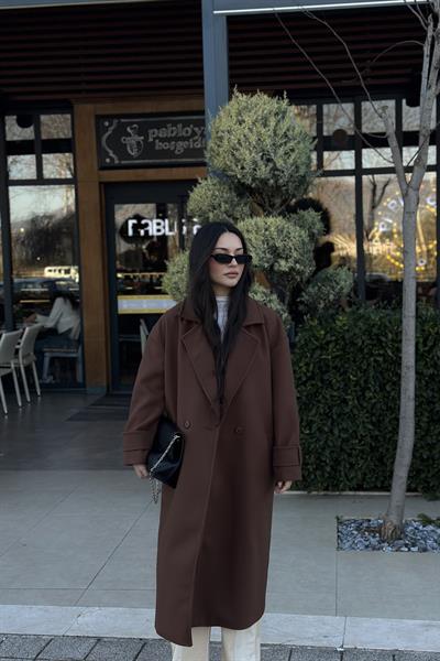 Premium Kruvaze Yaka Düz Kesim Kaban Kahve 