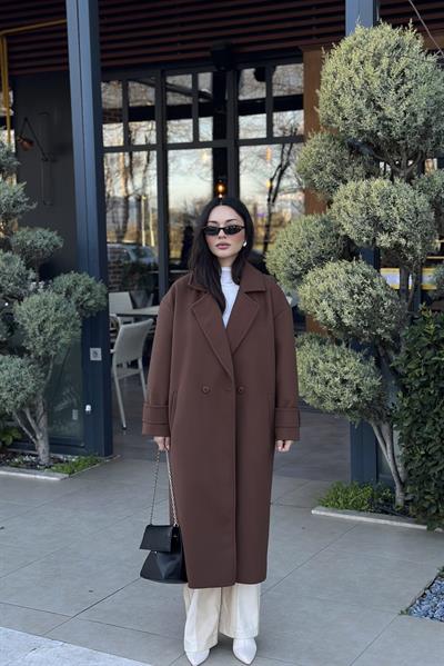 Premium Kruvaze Yaka Düz Kesim Kaban Kahve 