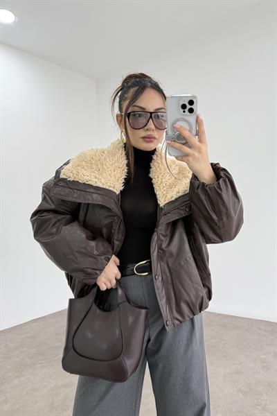 Premium Kürk Yakalı Kahve Bomber Mont