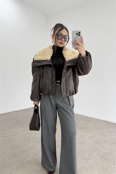 Premium Kürk Yakalı Kahve Bomber Mont