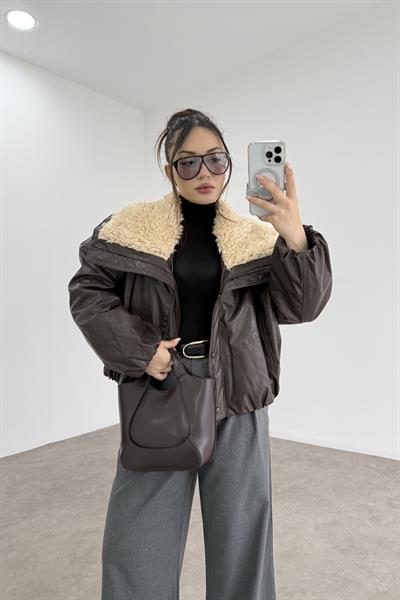 Premium Kürk Yakalı Kahve Bomber Mont