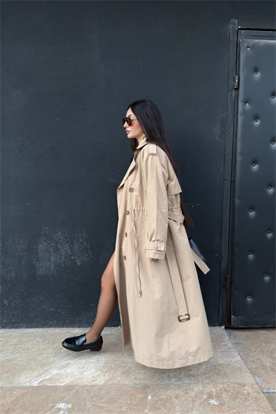 Premium Kuşaklı Bel Büzgülü Bej Trençkot