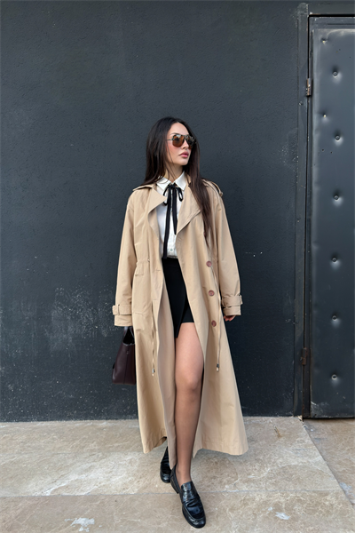 Premium Kuşaklı Bel Büzgülü Bej Trençkot