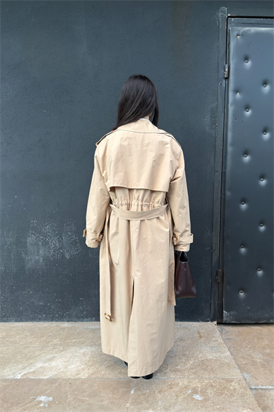 Premium Kuşaklı Bel Büzgülü Bej Trençkot