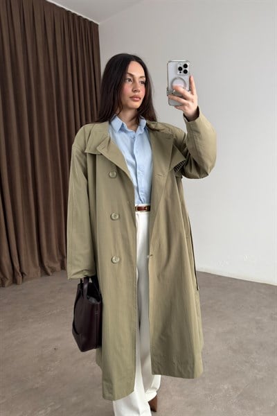 Premium Kuşaklı Dik Yaka Çağla Trençkot