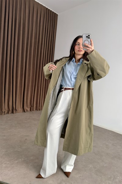 Premium Kuşaklı Dik Yaka Çağla Trençkot