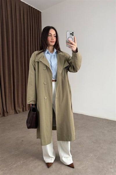 Premium Kuşaklı Dik Yaka Çağla Trençkot