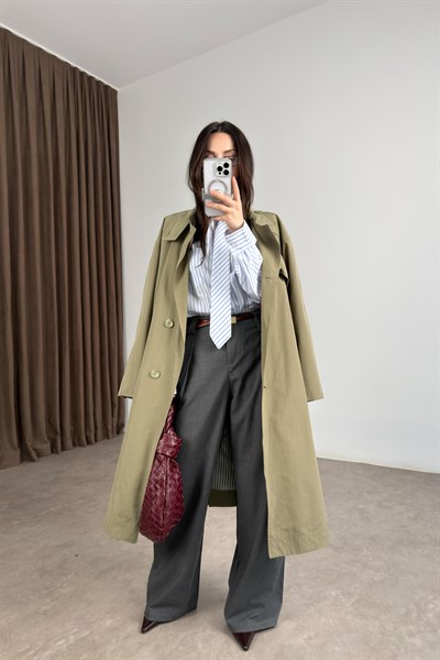 Premium Kuşaklı Dik Yaka Çağla Trençkot