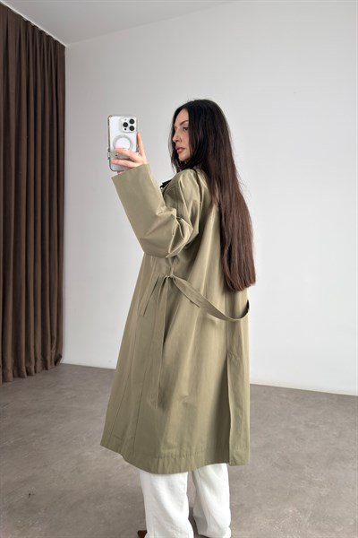 Premium Kuşaklı Dik Yaka Çağla Trençkot