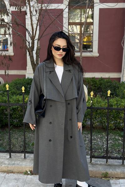 Premium Kuşaklı Gri Trençkot