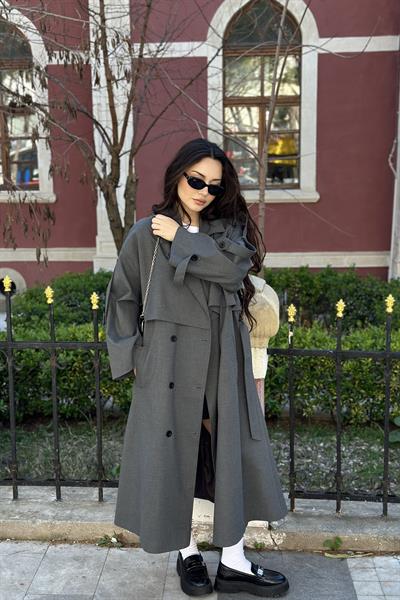 Premium Kuşaklı Gri Trençkot