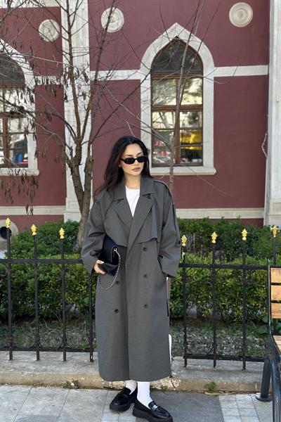 Premium Kuşaklı Gri Trençkot