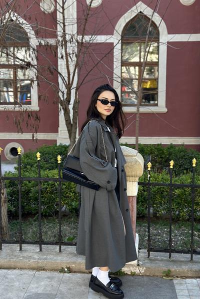 Premium Kuşaklı Gri Trençkot