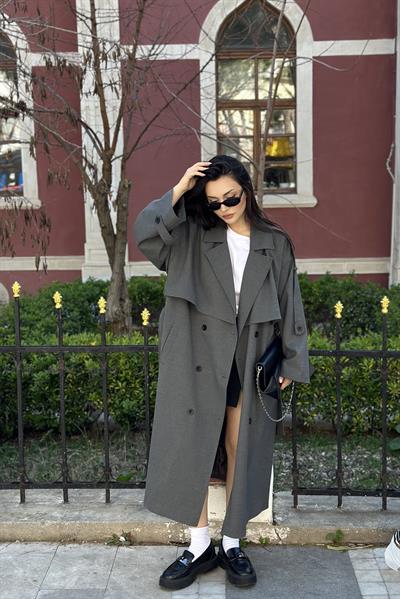 Premium Kuşaklı Gri Trençkot