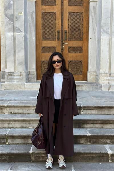 Premium Kuşaklı Kahve Trençkot