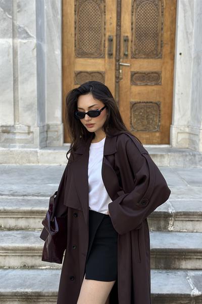 Premium Kuşaklı Kahve Trençkot