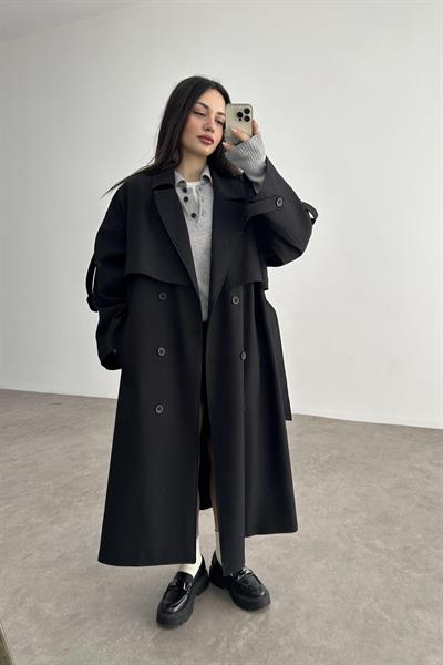 Premium Kuşaklı Trençkot Siyah