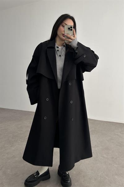 Premium Kuşaklı Trençkot Siyah