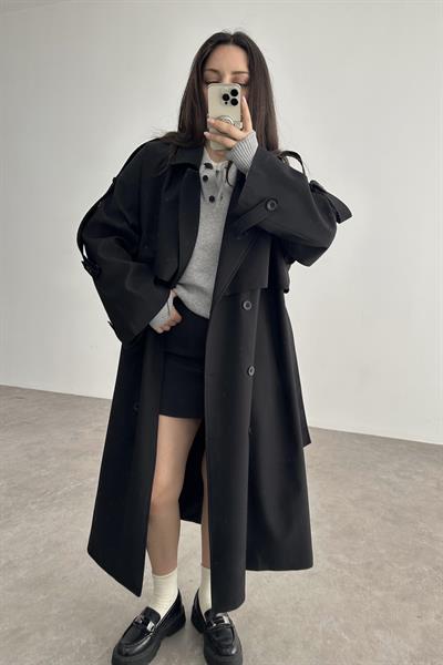 Premium Kuşaklı Trençkot Siyah