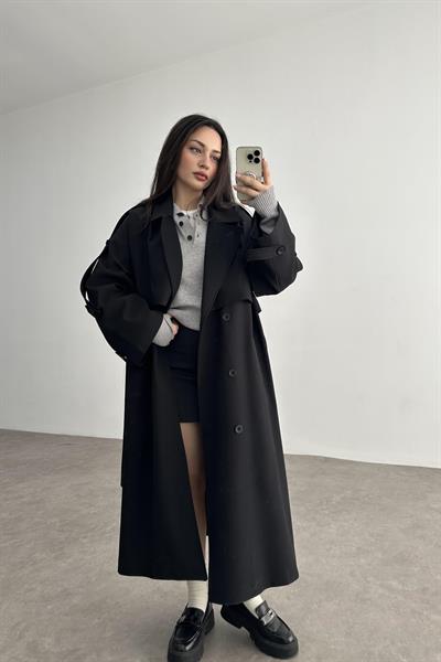 Premium Kuşaklı Trençkot Siyah