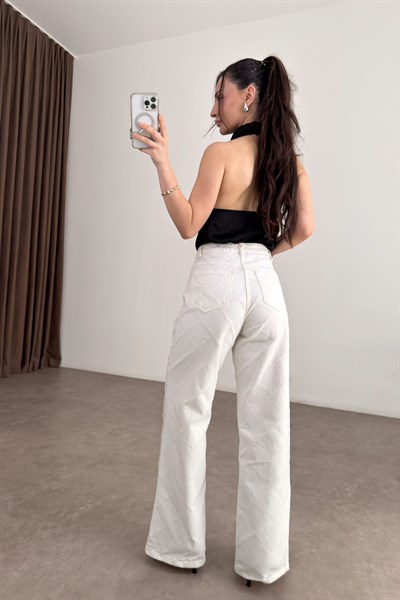 Premium Lazer Desenli Ekru Jean