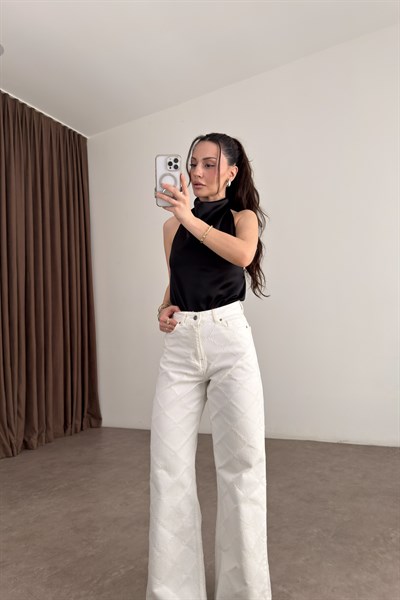 Premium Lazer Desenli Ekru Jean