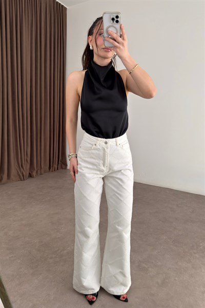 Premium Lazer Desenli Ekru Jean