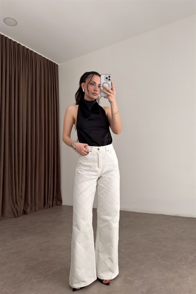 Premium Lazer Desenli Ekru Jean