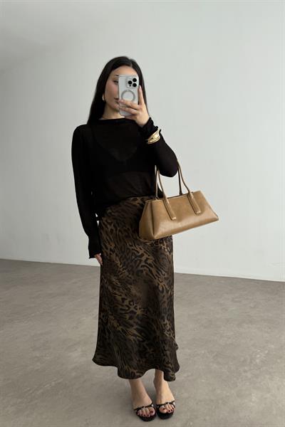 Premium Leopar Desenli Tok Saten Midi Etek 