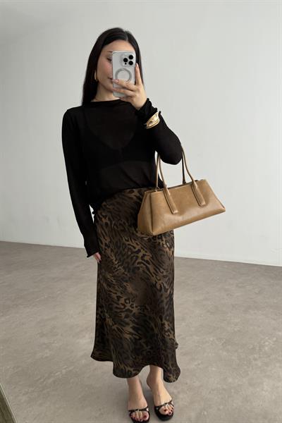 Premium Leopar Desenli Tok Saten Midi Etek 