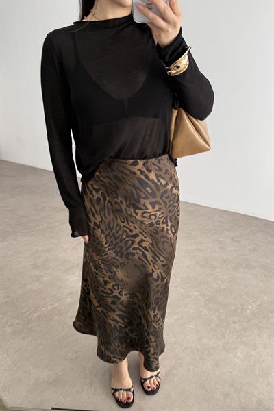 Premium Leopar Desenli Tok Saten Midi Etek 