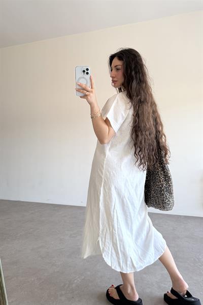 Premium Linen Keten Elbise Beyaz