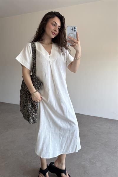Premium Linen Keten Elbise Beyaz