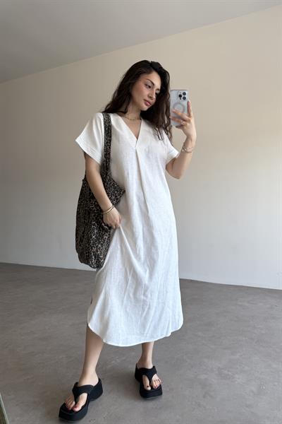 Premium Linen Keten Elbise Beyaz