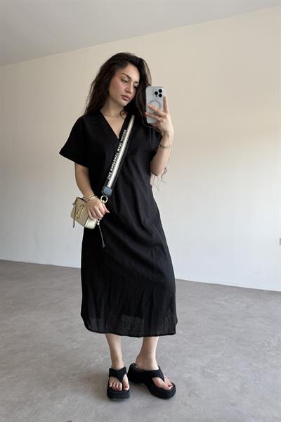 Premium Linen Keten Elbise Siyah
