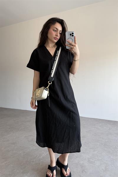 Premium Linen Keten Elbise Siyah