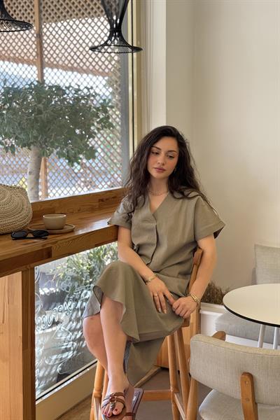 Premium Linen Keten Elbise Vizon