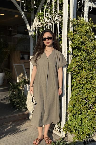 Premium Linen Keten Elbise Vizon