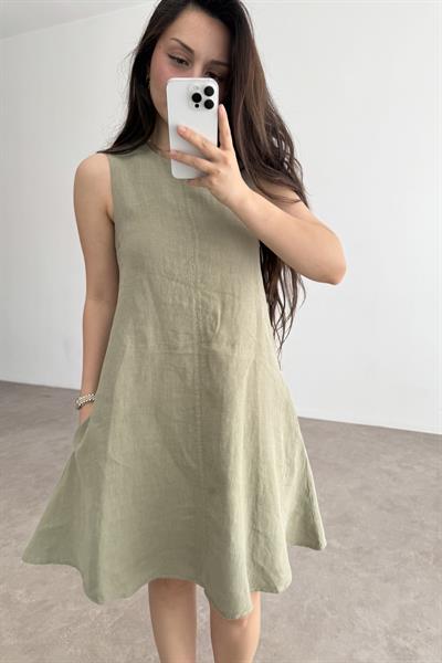 Premium Linen Keten Sıfır Kol Haki Elbise