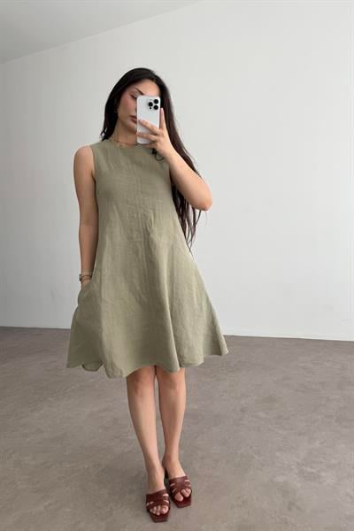Premium Linen Keten Sıfır Kol Haki Elbise