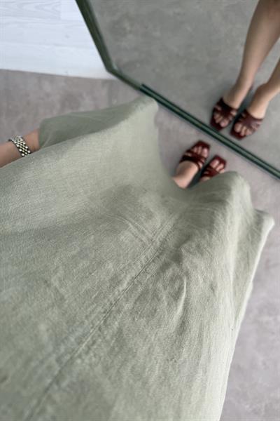 Premium Linen Keten Sıfır Kol Haki Elbise