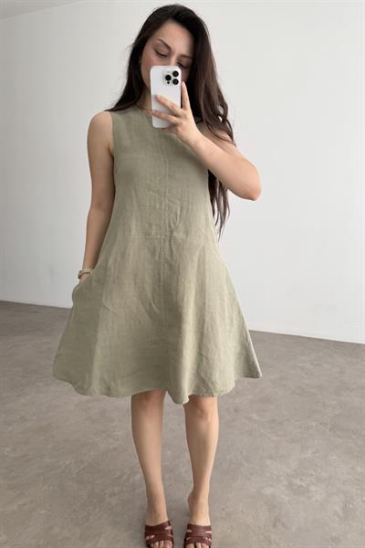 Premium Linen Keten Sıfır Kol Haki Elbise