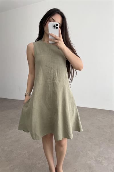 Premium Linen Keten Sıfır Kol Haki Elbise