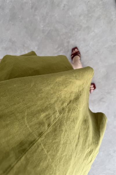 Premium Linen Keten Sıfır Kol Yağ Yeşili Elbise