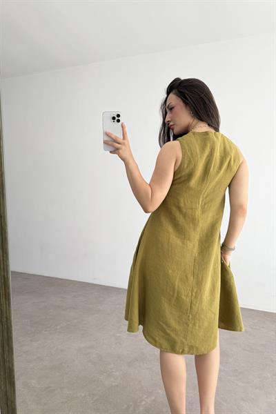 Premium Linen Keten Sıfır Kol Yağ Yeşili Elbise