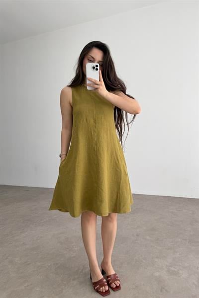 Premium Linen Keten Sıfır Kol Yağ Yeşili Elbise