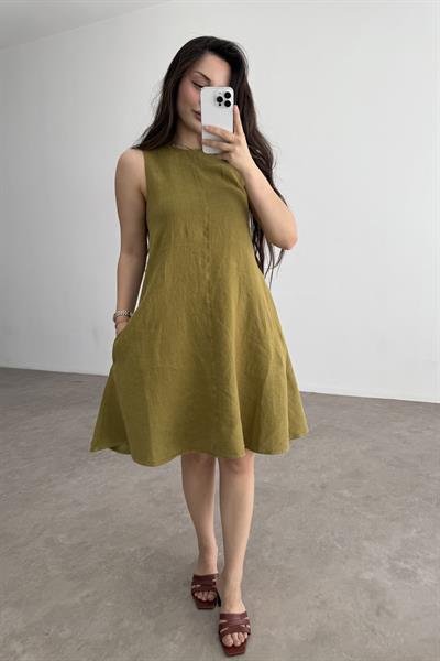 Premium Linen Keten Sıfır Kol Yağ Yeşili Elbise
