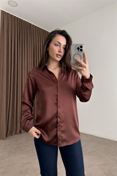 Premium Marsilya Kahverengi Saten Gömlek